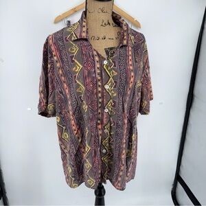 VTG Erena Woman Short Sleeve‎ Button Up Abstract Silk Shirt Top 80s Plus Size 2X
